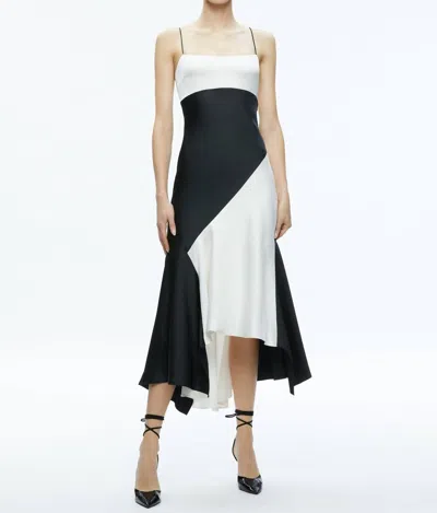 ALICE AND OLIVIA ROSA ASYMMETRICAL MIDI SLIP DRESS IN OFF WHITE/BLACK