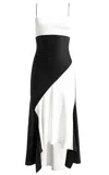 ALICE AND OLIVIA ROSA HANDKERCHIEF MIDI-LENGTH SLIPDRESS, OFF WHITE/BLACK