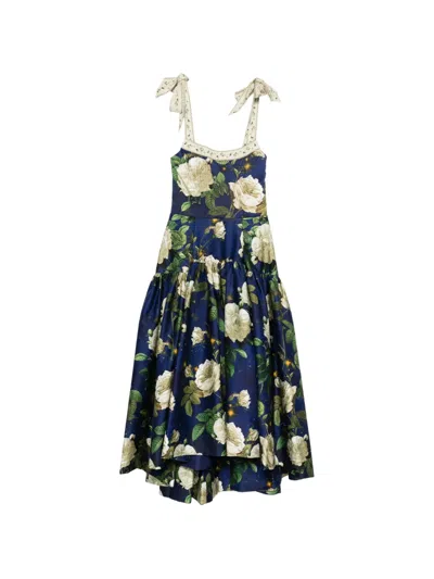 Alice And Olivia Rosalee Floral Tie-strap Midi Dress In Blue