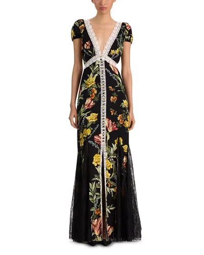 Alice And Olivia Rose Deep V Lace Trim Maxi Dress In Desert Sprigs Black