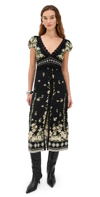 Alice And Olivia Lace-trimmed Floral-print Crepe Midi Dress In Black