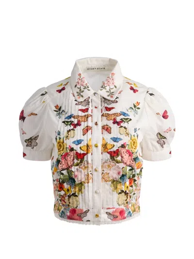 Alice And Olivia Rosie Embroidered Puff Sleeve Cropped Button Down Blouse Solar Strength Off White In Multi