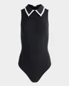 Alice And Olivia Rothy Sleeveless Collared Bodysuit In Black/off White