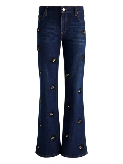 Alice And Olivia Roxie Embellished Low-rise Flared Jeans In Blue