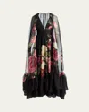 Alice And Olivia Roya Floral Chiffon Gown With Detachable Cape In Black