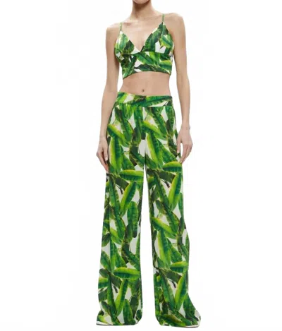 Alice And Olivia Russell Super High Waisted Smocked Waistband Pants In Sun Palm Off White In Green