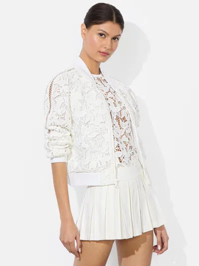 Alice And Olivia Russie Lace Bomber Jacket In White