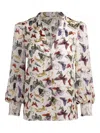 Alice And Olivia Sheila Blouson Sleeve Smocked Cuff Henley Top Spread Your Wings In Multi