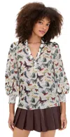 Alice And Olivia Sheila Blouson Sleeve Smocked Cuff Henley Top Spread Your Wings In Multi