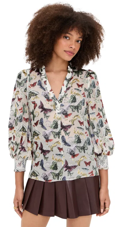 ALICE AND OLIVIA SHEILA BLOUSON SLEEVE SMOCKED CUFF HENLEY TOP SPREAD YOUR WINGS