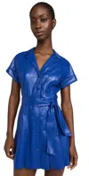 Alice And Olivia Shirley Short Sleeve Vegan Leather Pleated Mini Shirt Dress In Royal