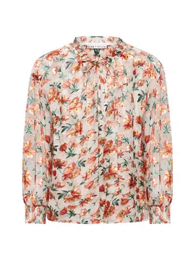 Alice And Olivia Julius Floral-jacquard Organza Blouse In Falling For You Off White