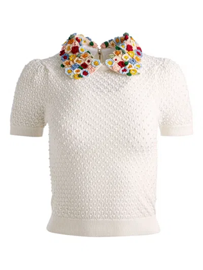 ALICE AND OLIVIA CHASE SHORT-SLEEVES FLORAL-COLLAR SWEATER
