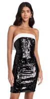 ALICE AND OLIVIA SIBELLA SEQUIN STRAPLESS DRAPED BOW MINI DRESS BLACK/OFF WHITE