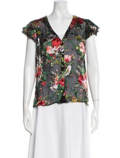 Pre-owned Alice And Olivia Silk Floral Print Blouse In Black