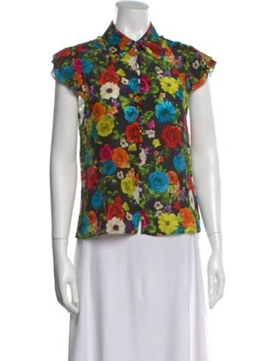 Pre-owned Alice And Olivia Silk Floral Print Blouse In Black