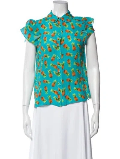 Pre-owned Alice And Olivia Silk Floral Print Blouse In Blue