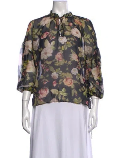 Pre-owned Alice And Olivia Silk Floral Print Blouse In Blue