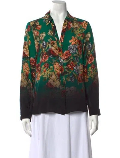 Pre-owned Alice + Olivia Silk Floral Print Blouse In Green