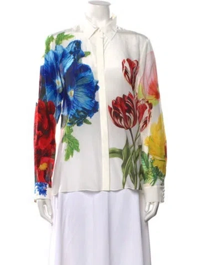 Pre-owned Alice And Olivia Silk Floral Print Blouse W/ Tags In White