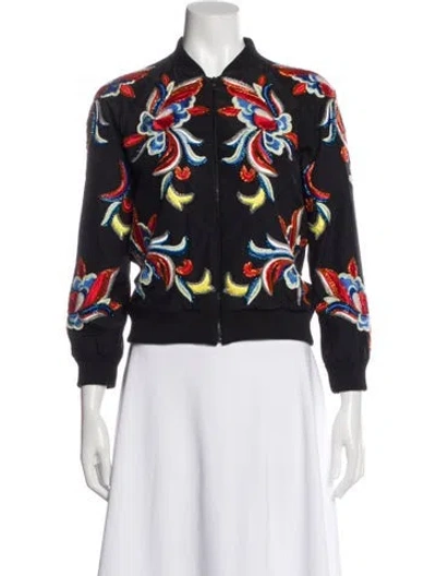 Pre-owned Alice And Olivia Silk Floral Print Bomber Jacket In Black