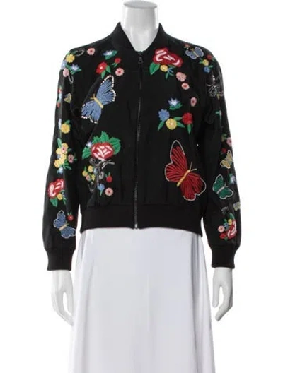 Pre-owned Alice And Olivia Silk Floral Print Bomber Jacket In Black