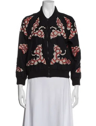 Pre-owned Alice And Olivia Silk Floral Print Bomber Jacket In Black