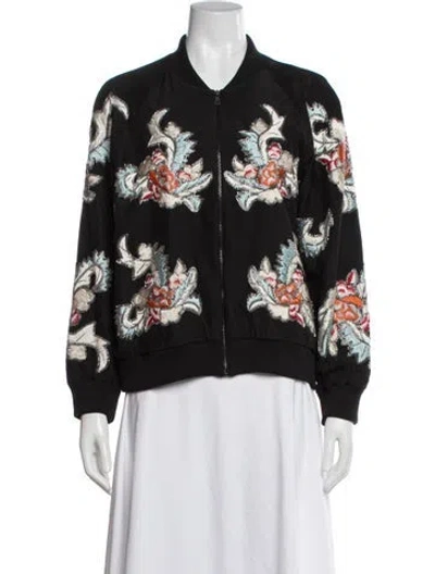 Pre-owned Alice And Olivia Silk Floral Print Bomber Jacket In Black