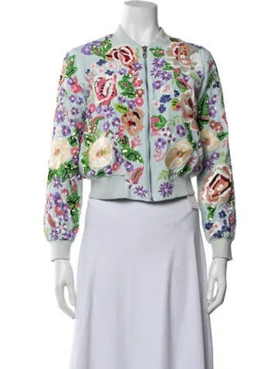 Pre-owned Alice And Olivia Silk Floral Print Bomber Jacket In Multicolor