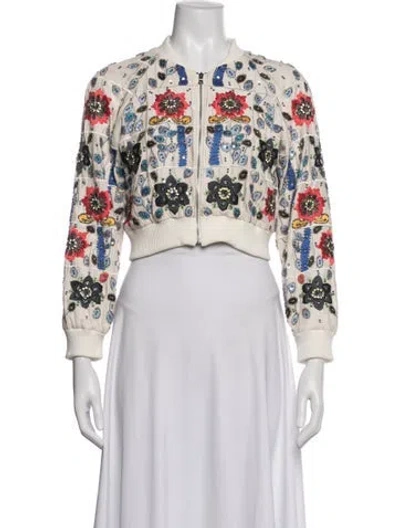 Pre-owned Alice And Olivia Silk Floral Print Bomber Jacket In White