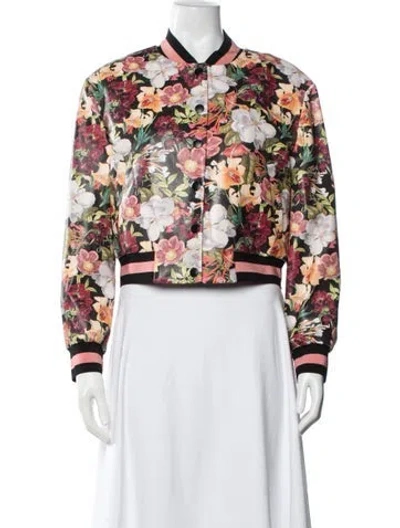 Pre-owned Alice And Olivia Silk Floral Print Bomber Jacket In White