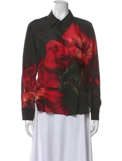 Pre-owned Alice And Olivia Silk Floral Print Button-up Top W/ Tags In Black