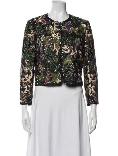 Pre-owned Alice And Olivia Silk Floral Print Evening Jacket In Green