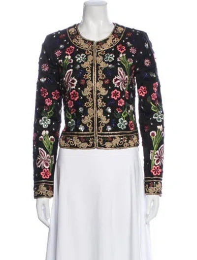 Pre-owned Alice And Olivia Silk Floral Print Jacket In Black