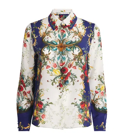 Alice And Olivia Silk Floral Print Willa Blouse In Blue
