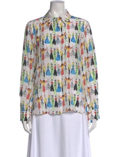 Pre-owned Alice And Olivia Silk Graphic Print Blouse W/ Tags In White