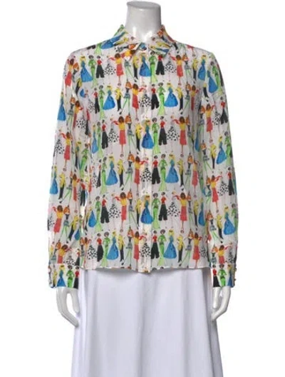 Pre-owned Alice And Olivia Silk Graphic Print Blouse W/ Tags In White
