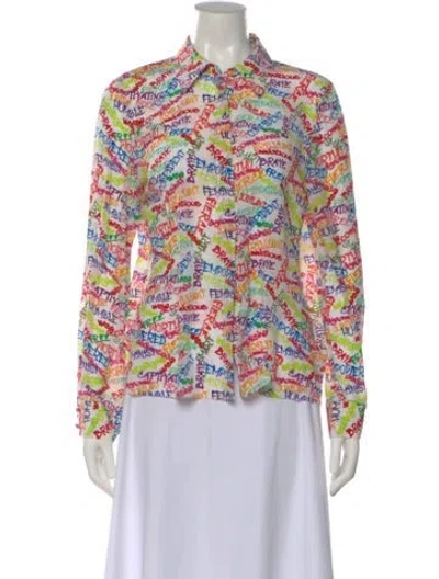 Pre-owned Alice And Olivia Silk Graphic Print Blouse In White