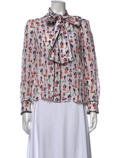 Pre-owned Alice + Olivia Silk Graphic Print Blouse In White