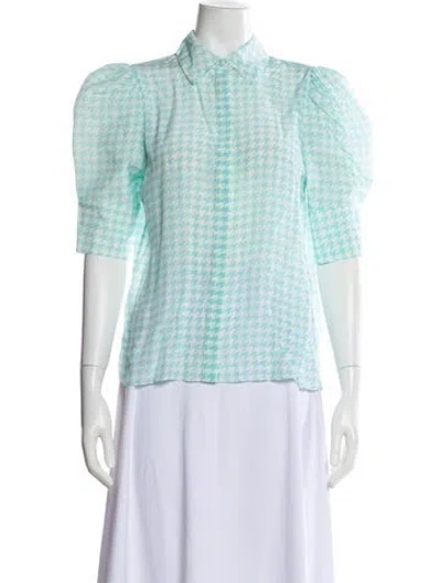Pre-owned Alice And Olivia Silk Houndstooth Print Blouse W/ Tags In Blue