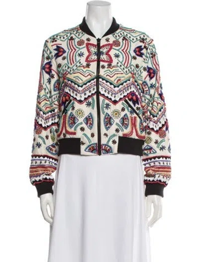 Pre-owned Alice And Olivia Silk Patterned Bomber Jacket In White