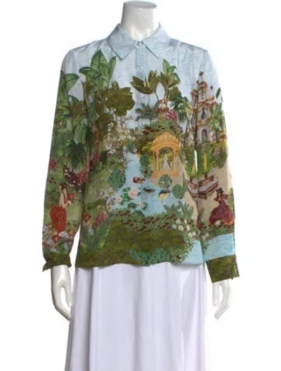 Pre-owned Alice And Olivia Silk Printed Blouse W/ Tags In Green