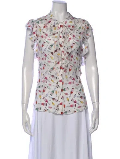Pre-owned Alice And Olivia Silk Printed Blouse W/ Tags In White