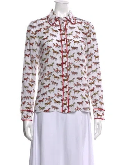 Pre-owned Alice And Olivia Silk Printed Blouse W/ Tags In White
