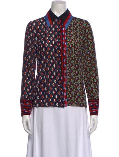 Pre-owned Alice And Olivia Silk Printed Button-up Top In Blue