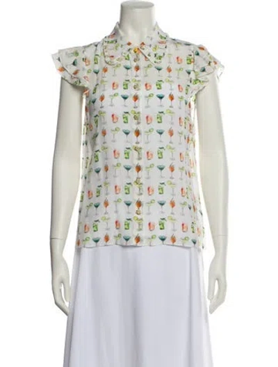 Pre-owned Alice And Olivia Silk Printed Button-up Top In White