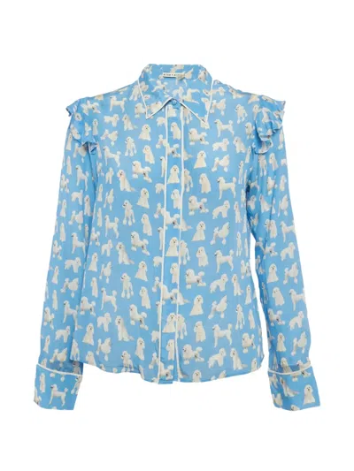 Pre-owned Alice And Olivia Silk Ruffle Dog-print Shirt In Blue