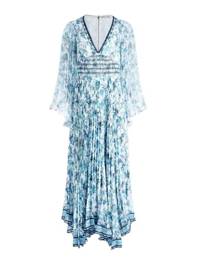 Alice And Olivia Sion Floral Pleated Maxi Dress In Blue