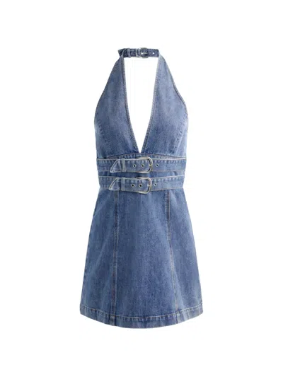 Alice And Olivia Solana Buckle-detail Halterneck Mini Dress In Blue