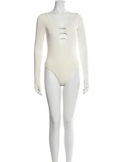 Pre-owned Alice And Olivia Square Neckline Long Sleeve Bodysuit In Silver